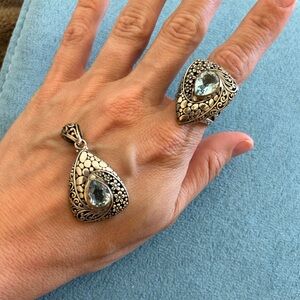Bali blue topaz woman’s ring and matching pendant